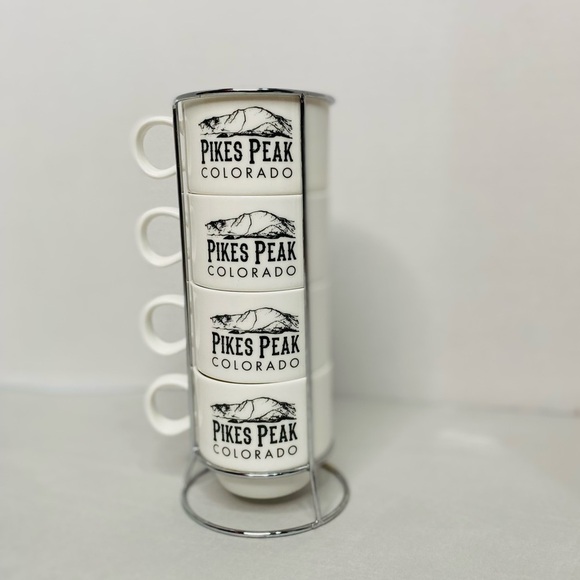 Pikes Peak Colorado Stackable expresso tea mugs cups with silver metal holder - Picture 1 of 4